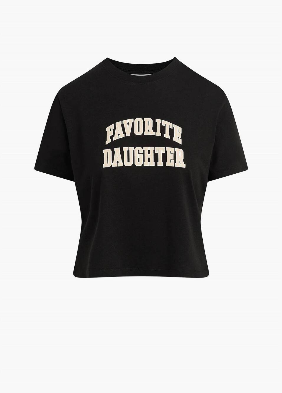 NEW FAVORITE DAUGHTER women's cropped collegiate tee in black and pale pink